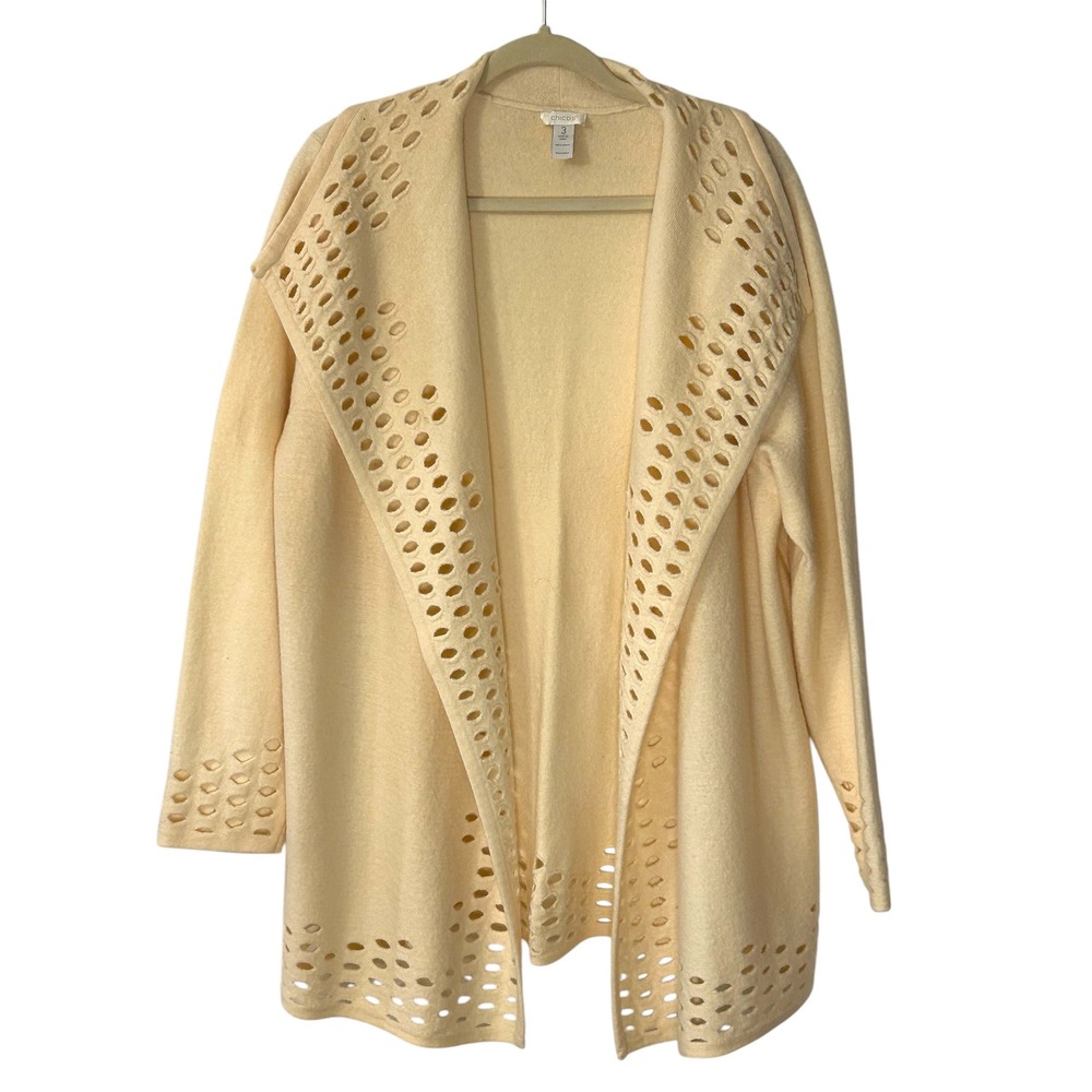 Chico's Open Knit Cardigan Duster Jacket Lightweight Wool Blend‎ Size 3